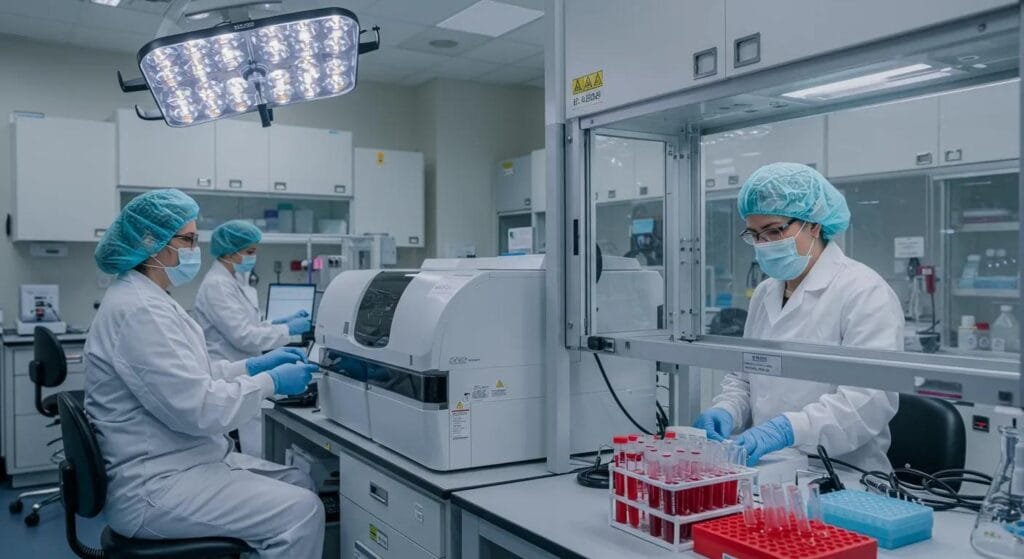 a sleek, modern clinical research lab is illuminated by bright, sterile lighting, showcasing high-tech equipment and researchers engaged in the precise analysis of blood samples to uncover the intricate mechanisms of eboo therapy.