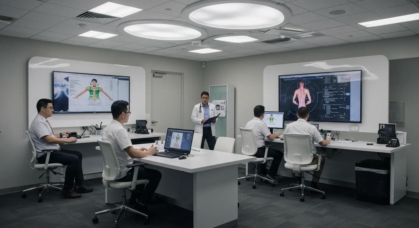 a modern medical office bustling with professionals engaged in discussions, showcasing advanced regenerative medicine technologies on sleek digital displays, emphasizing the transformation of chronic pain management.