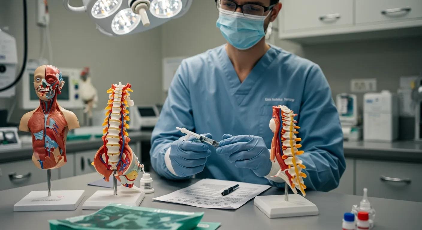 a focused medical setting features a practitioner preparing a prolotherapy injection, surrounded by anatomical models and sterile equipment, highlighting the complex process of healing chronic pain through advanced treatment techniques.