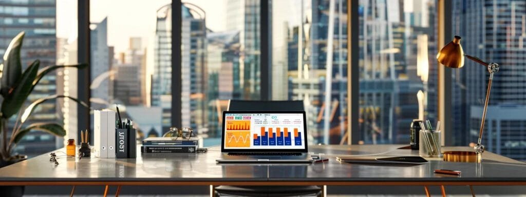 a contemporary office space features a sleek desk with a laptop open to a wellness app, colorful charts illustrating balanced lifestyles and hormone therapy, complemented by a backdrop of a vibrant urban skyline through large windows, symbolizing the intersection of lifestyle choices and health outcomes.