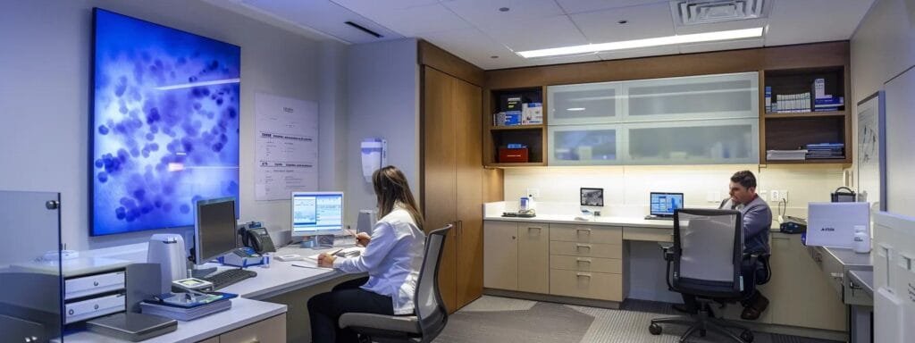 a focused healthcare consultation room featuring a confident medical professional discussing hormone replacement therapy with a well-informed patient, illuminated by soft overhead lighting, showcasing charts and lab reports on a sleek modern desk.