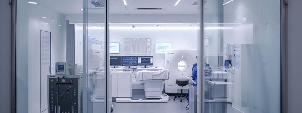 a modern, well-lit medical consultation room features a confident medical professional discussing bioidentical hormone replacement therapy risks with a thoughtful patient, framed by sleek technology and informative charts in the background.