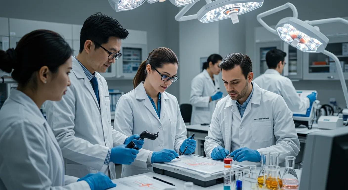 a focused and dynamic medical lab scene showcases a diverse team of researchers collaboratively analyzing advanced regenerative treatment techniques, illuminated by bright overhead lights reflecting off sleek high-tech equipment, emphasizing the transformative potential of regenerative medicine for chronic pain relief.