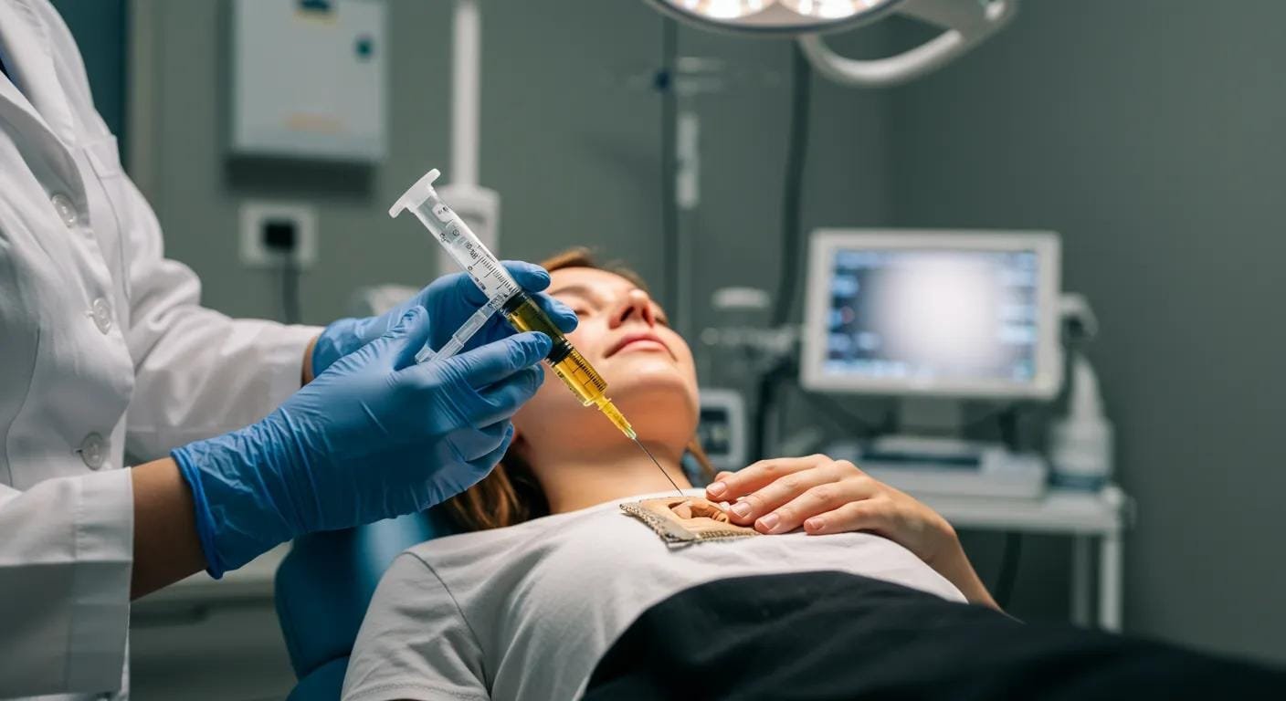 a sleek, modern medical office showcases a prp therapy procedure in action, featuring a professional administering a clear, sterile syringe filled with golden prp solution amid advanced medical equipment and an attentive patient, emphasizing the cutting-edge approach to chronic pain relief.