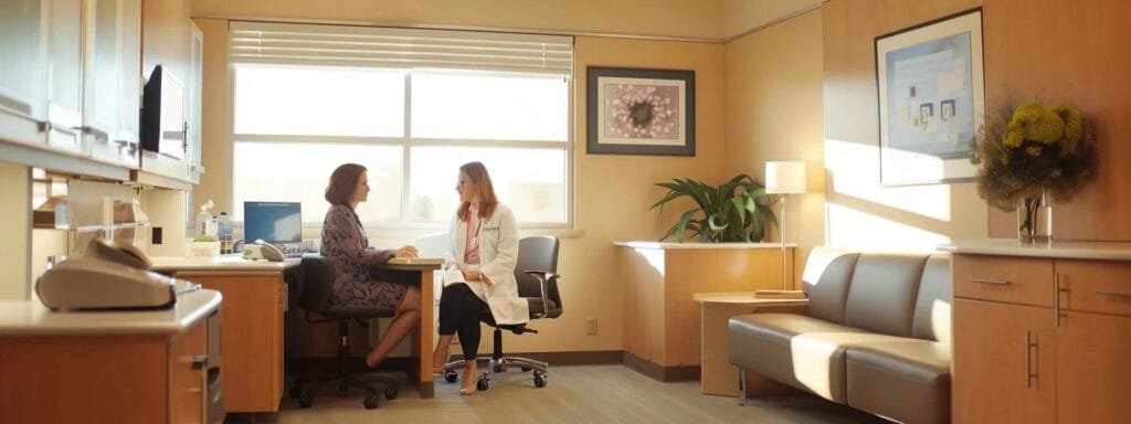 a focused, professional consultation room features a confident healthcare provider discussing bioidentical hormone replacement therapy with a well-informed patient, illuminated by soft, warm lighting that enhances the inviting ambience of the modern medical space.