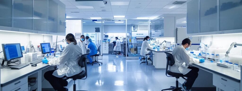a sleek, modern clinical research laboratory bustling with focused scientists analyzing advanced eboo therapy equipment, illuminated by bright, sterile lights, showcasing the forefront of medical innovation in improving patient care.
