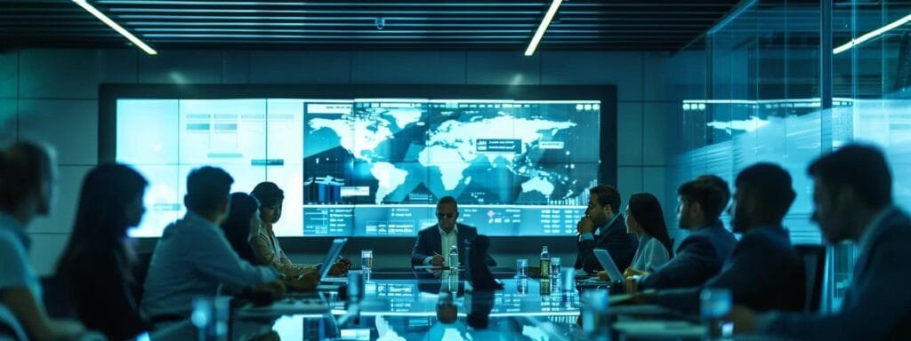 a sleek, modern conference room filled with diverse professionals intensely discussing clinical research methodologies, illuminated by bright overhead lighting, as data charts and eboo therapy outcomes prominently displayed on a high-tech screen capture their focus.