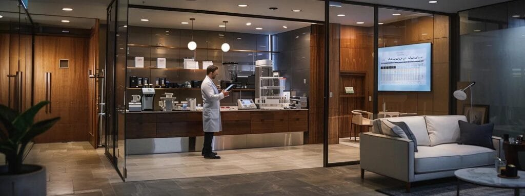 a sophisticated medical office setting with a physician reviewing detailed laboratory test results on a digital tablet, surrounded by medical charts and equipment reflecting the personalized approach of bioidentical hormone replacement therapy administration and monitoring.