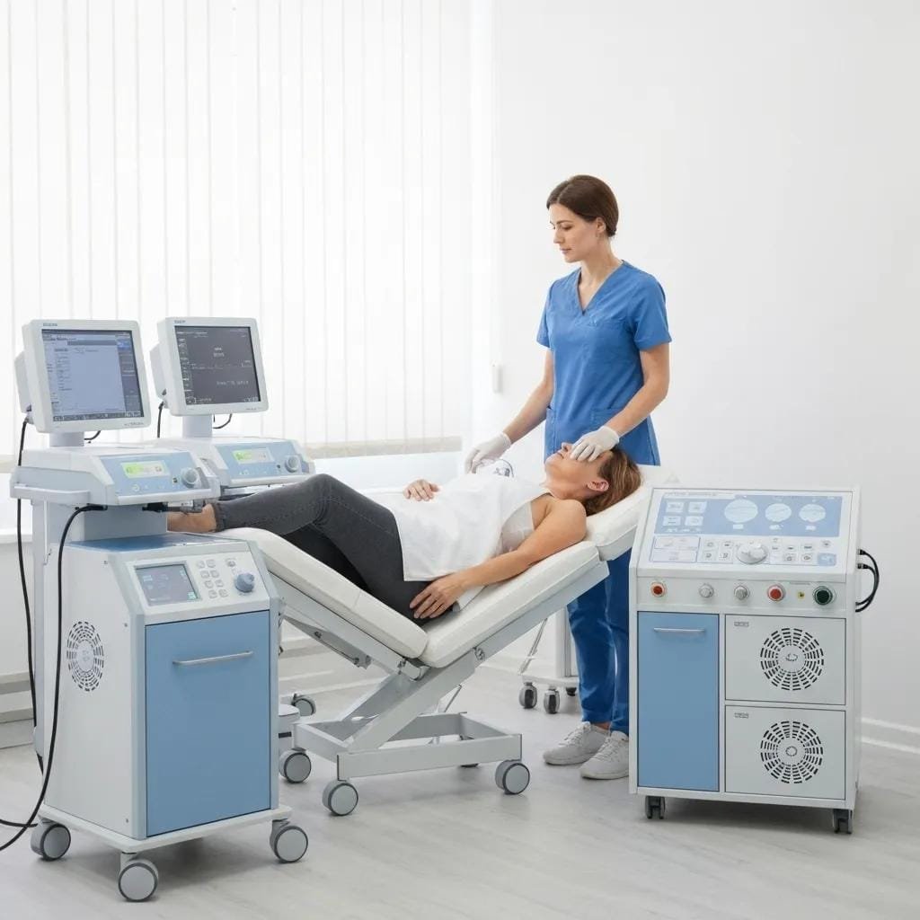 Ozone therapy session in a medical clinic with a patient receiving treatment and a practitioner monitoring