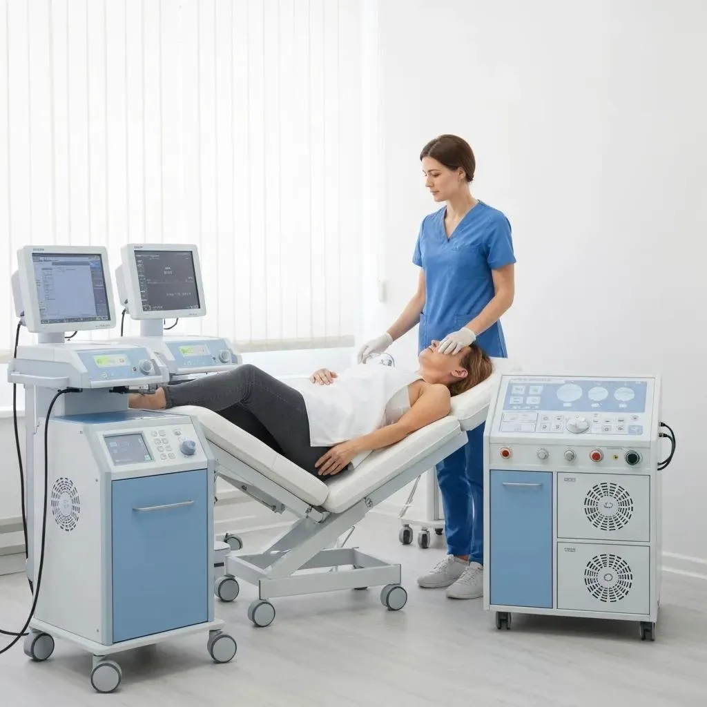 Ozone therapy session in a medical clinic with a patient receiving treatment and a practitioner monitoring