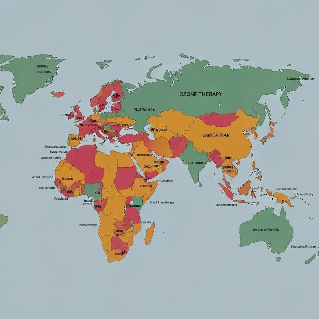 A world map highlighting countries with established ozone therapy regulations