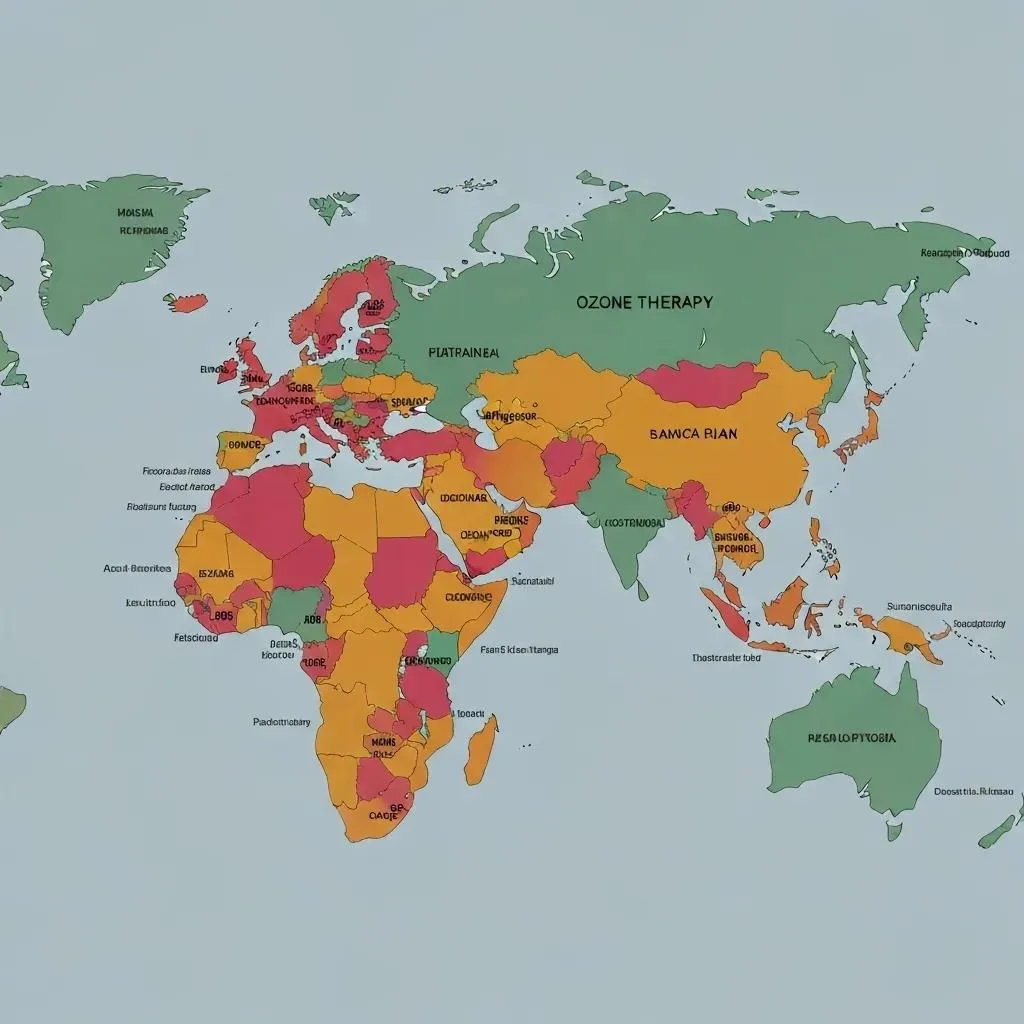 A world map highlighting countries with established ozone therapy regulations