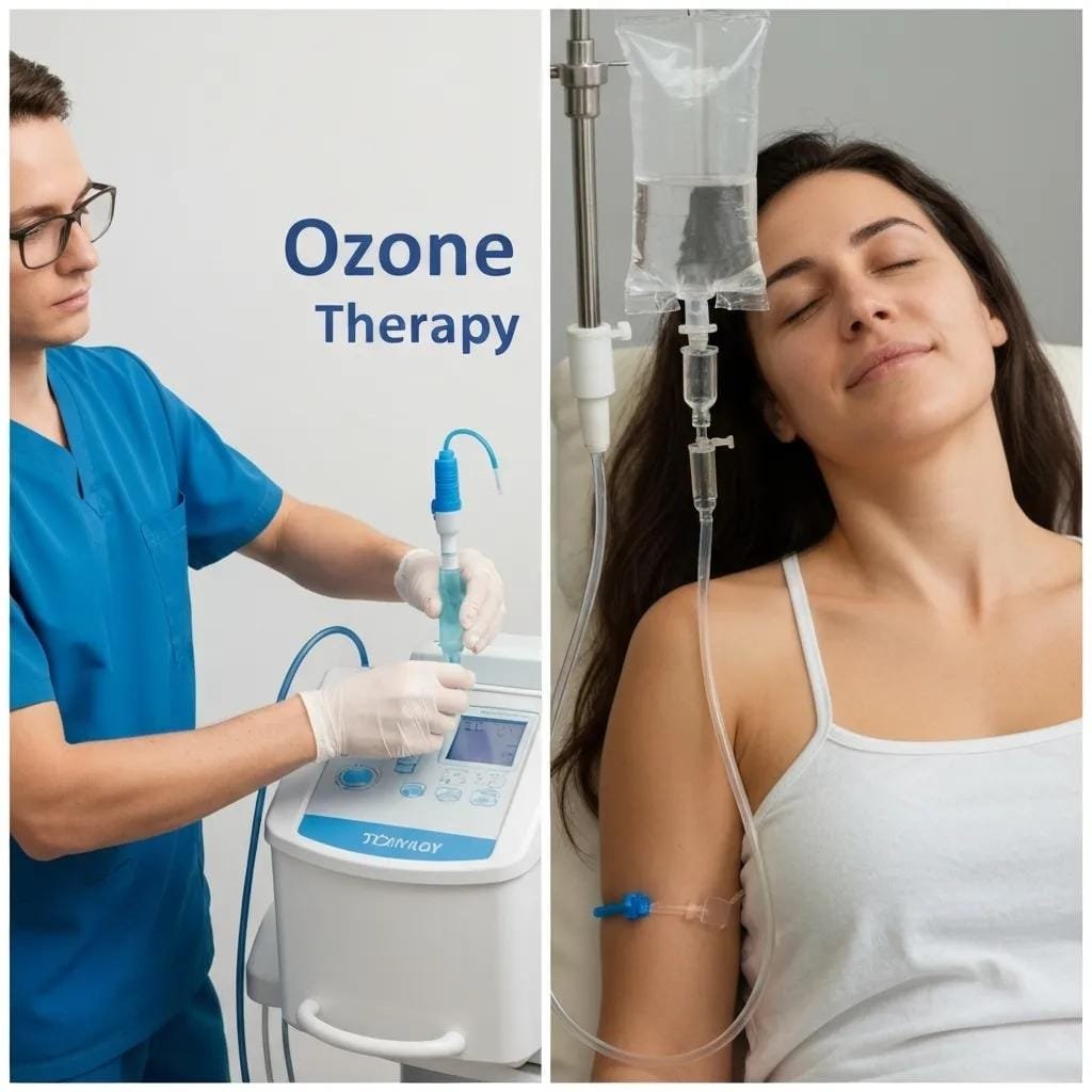 A visual comparison highlighting the distinct approaches of ozone therapy and IV vitamin therapy in a wellness context
