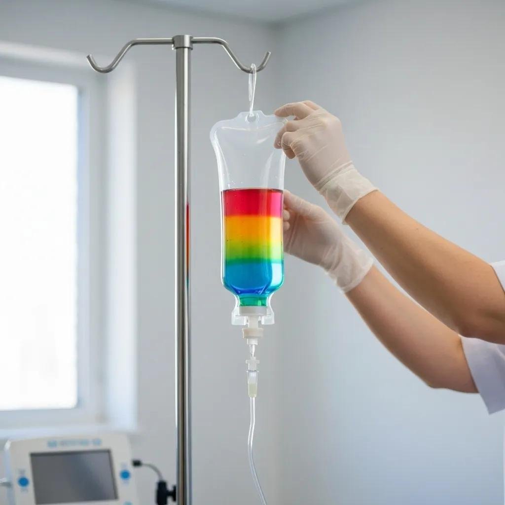 A patient comfortably receiving IV vitamin therapy in a modern wellness clinic, showcasing the vibrant nutrient solution