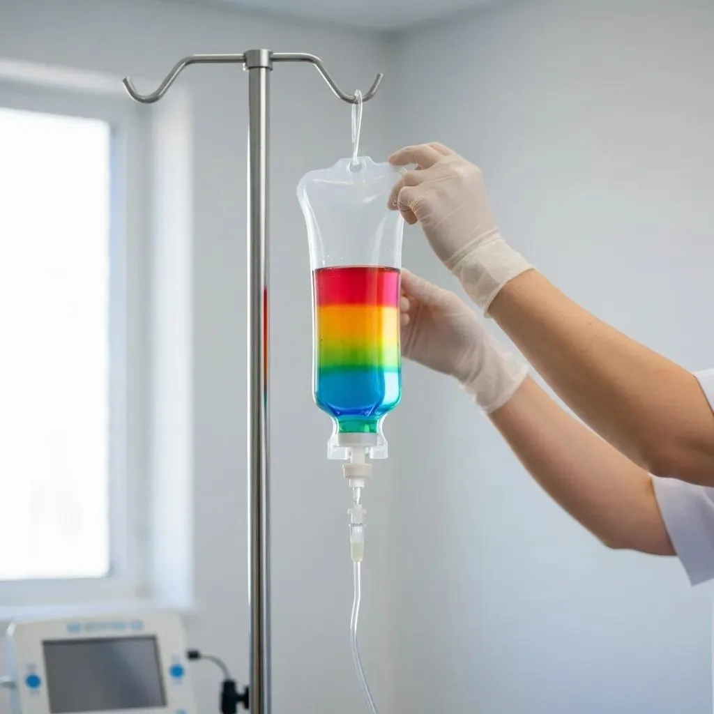 A patient comfortably receiving IV vitamin therapy in a modern wellness clinic, showcasing the vibrant nutrient solution
