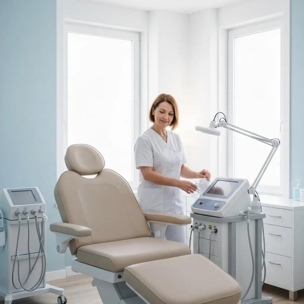 Medical clinic environment for ozone therapy with practitioner and equipment