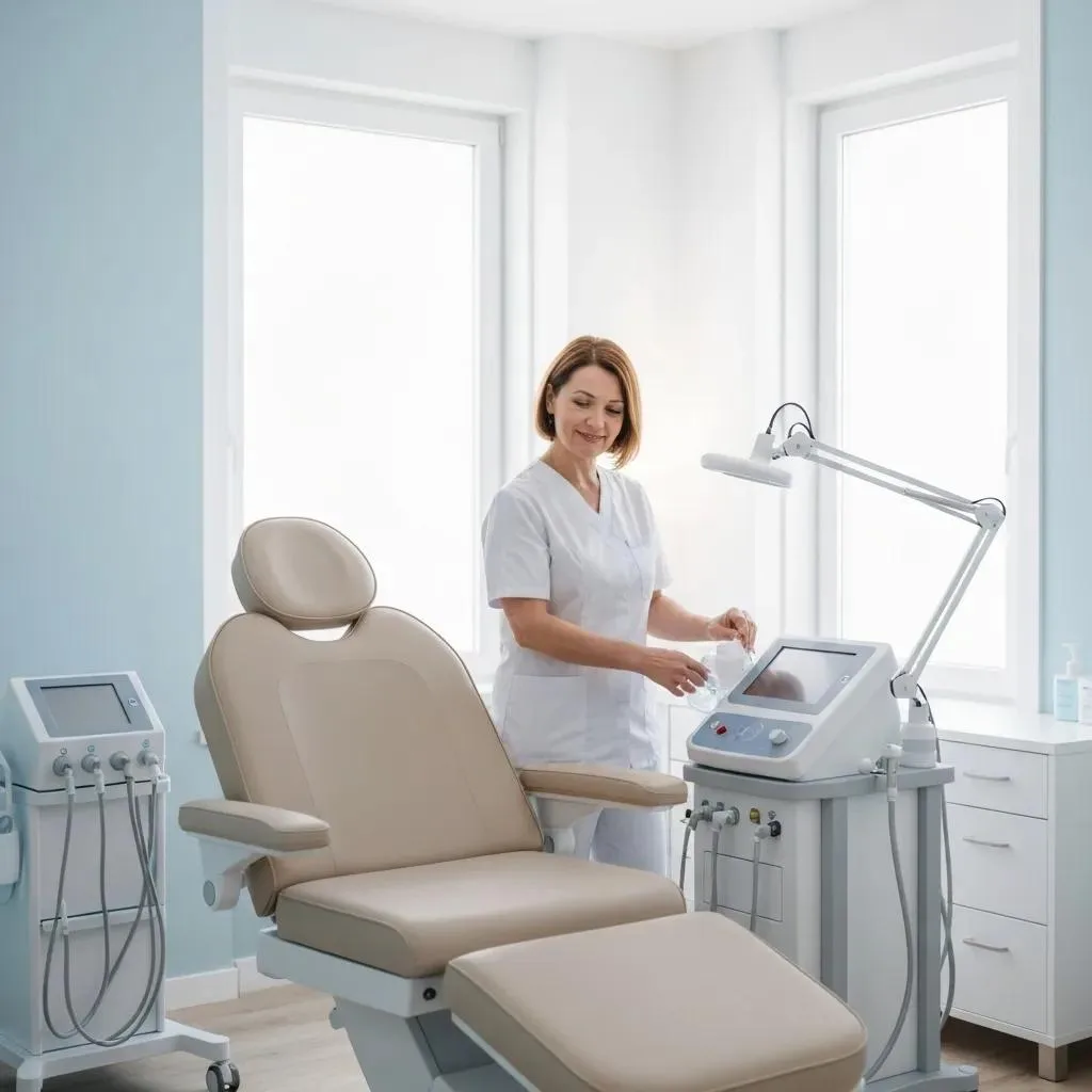 Medical clinic environment for ozone therapy with practitioner and equipment