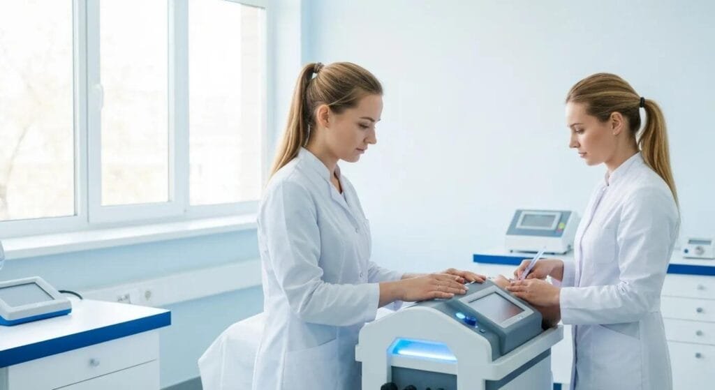 A healthcare professional carefully administering ozone therapy in a meticulously clean clinical setting.