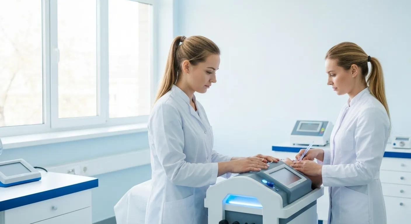 A healthcare professional carefully administering ozone therapy in a meticulously clean clinical setting.