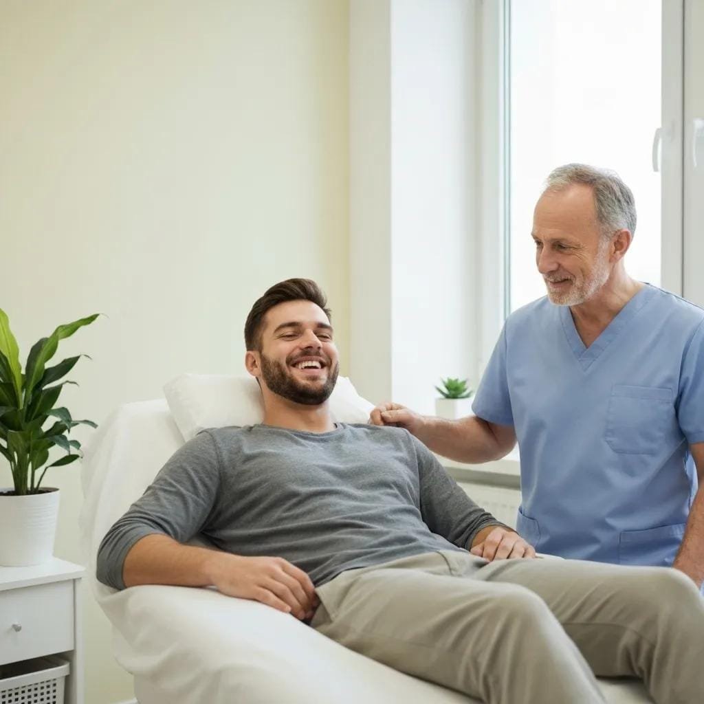 A contented patient smiling after a successful ozone therapy session, engaged in a positive discussion with their practitioner about their care