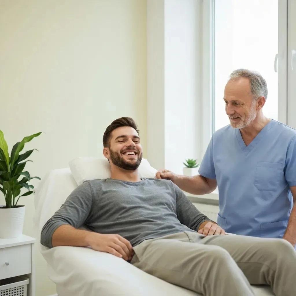 A contented patient smiling after a successful ozone therapy session, engaged in a positive discussion with their practitioner about their care