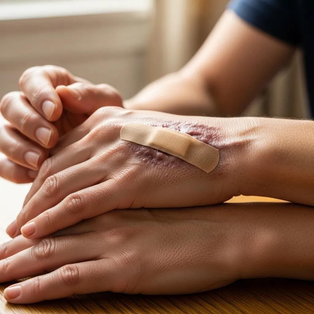 Close-up of a person's hands showing a healing wound with a bandage, illustrating symptoms of zinc deficiency related to impaired wound healing and skin integrity.