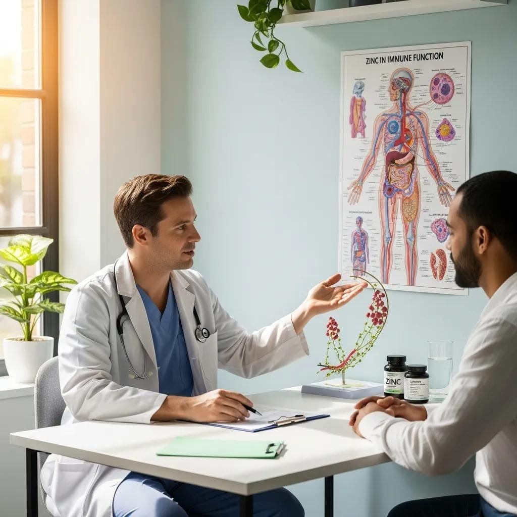 Healthcare professional discussing zinc's role in immune function with a patient in a modern clinic, featuring a diagram of zinc's effects on the body and zinc supplement bottles on the table.