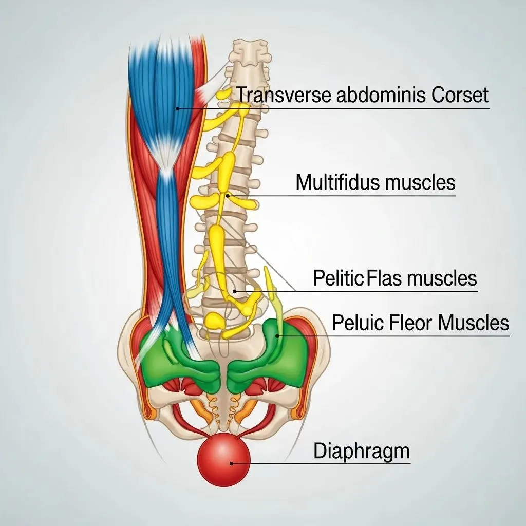 Illustration of the transverse abdominis, multifidus, pelvic floor, and diaphragm