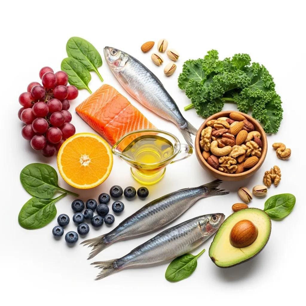 Curated selection of Mediterranean anti-inflammatory foods: olive oil, fish, nuts, greens