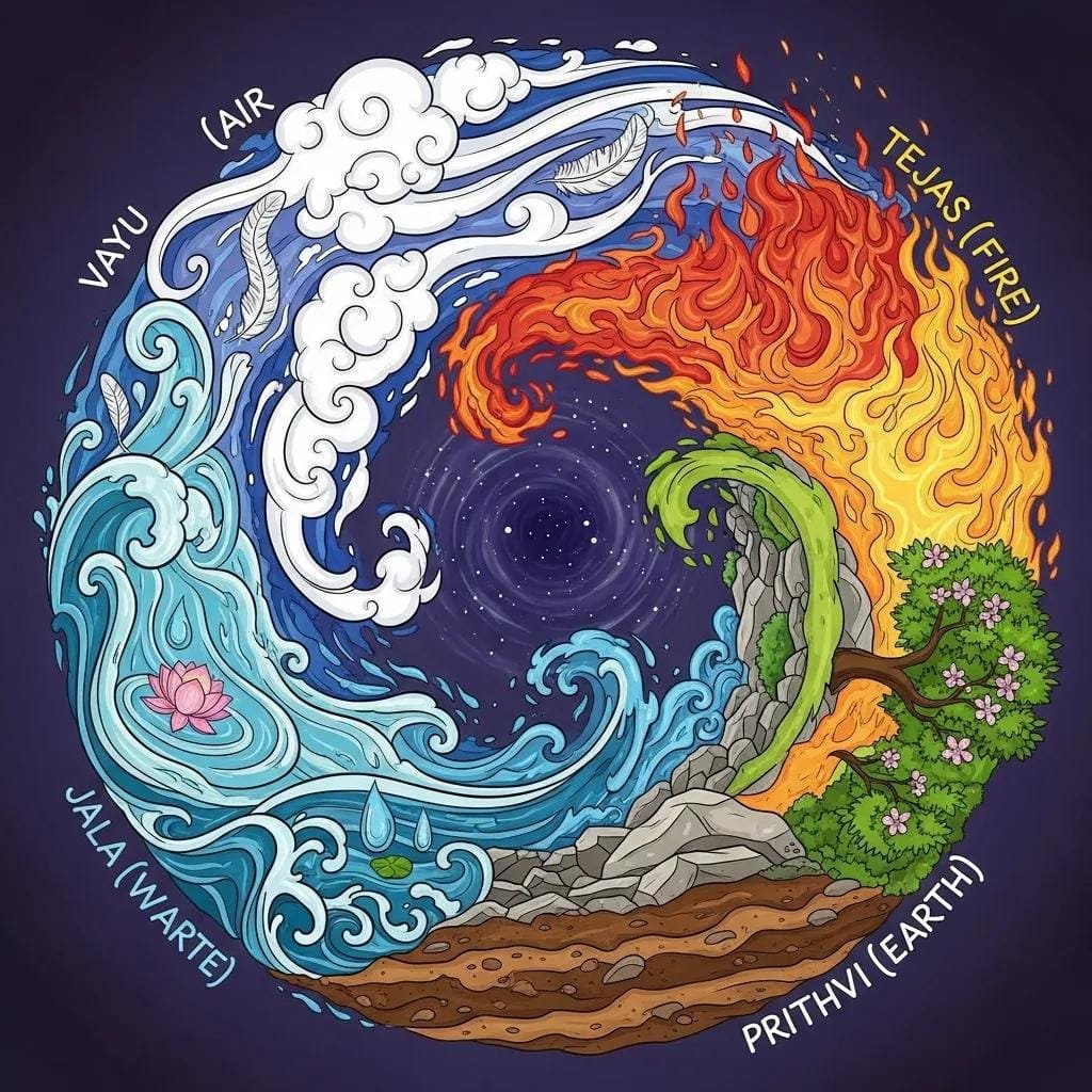 Symbolic depiction of the Five Elements — space, air, fire, water, earth — used in Ayurvedic assessment and treatment planning