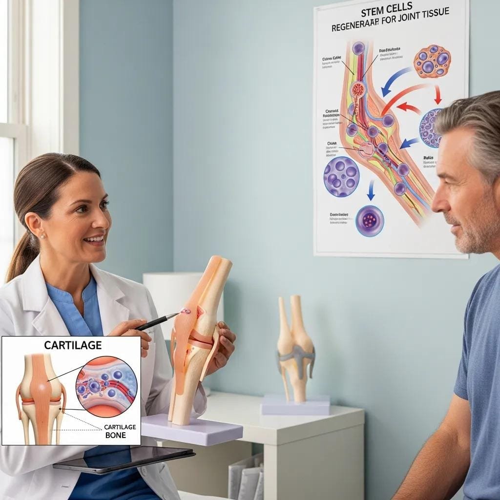 Clinician explaining stem cell therapy for joint regeneration to a patient, using a knee model and visual aids, with a focus on cartilage and bone health.