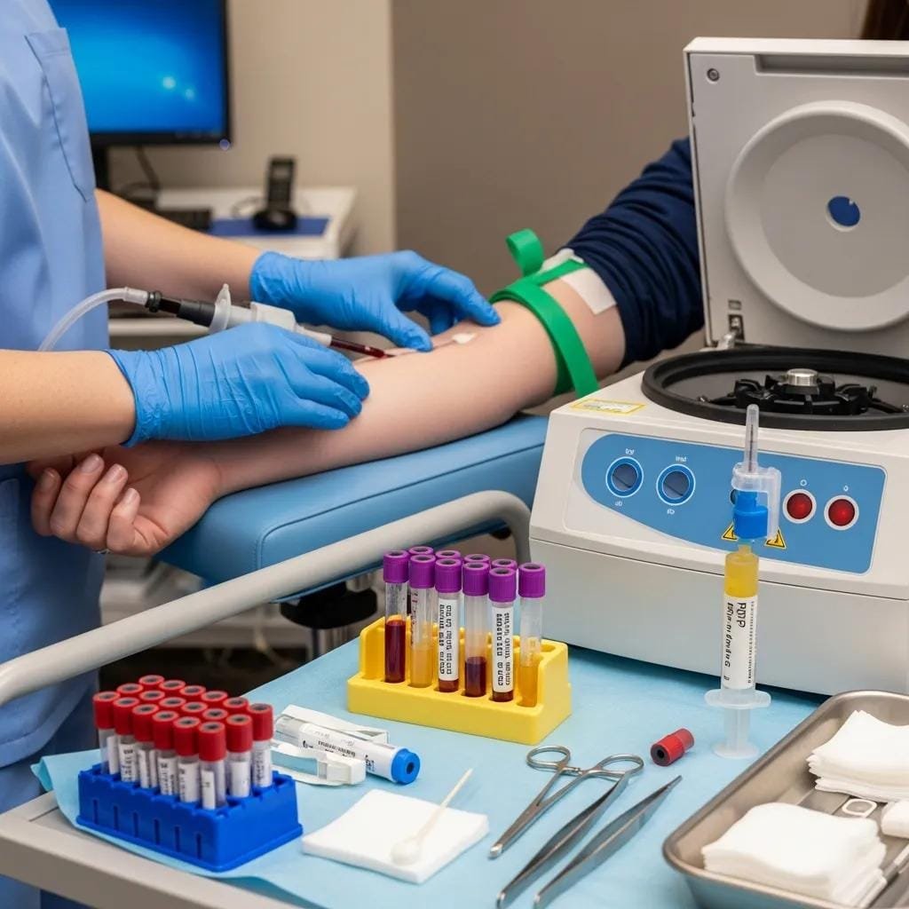 Clinician preparing platelet-rich plasma (PRP) injection from patient blood sample, with centrifuge and blood collection tubes on a medical table, highlighting regenerative joint therapy process.