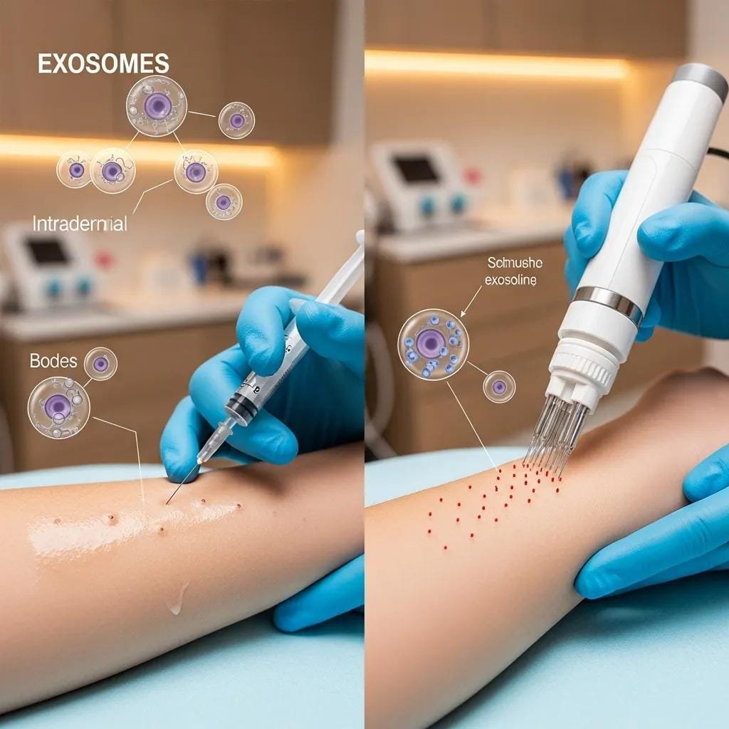 Exosome therapy administration methods, including intradermal injections and microneedling, demonstrating exosomal delivery to enhance skin hydration and barrier function.