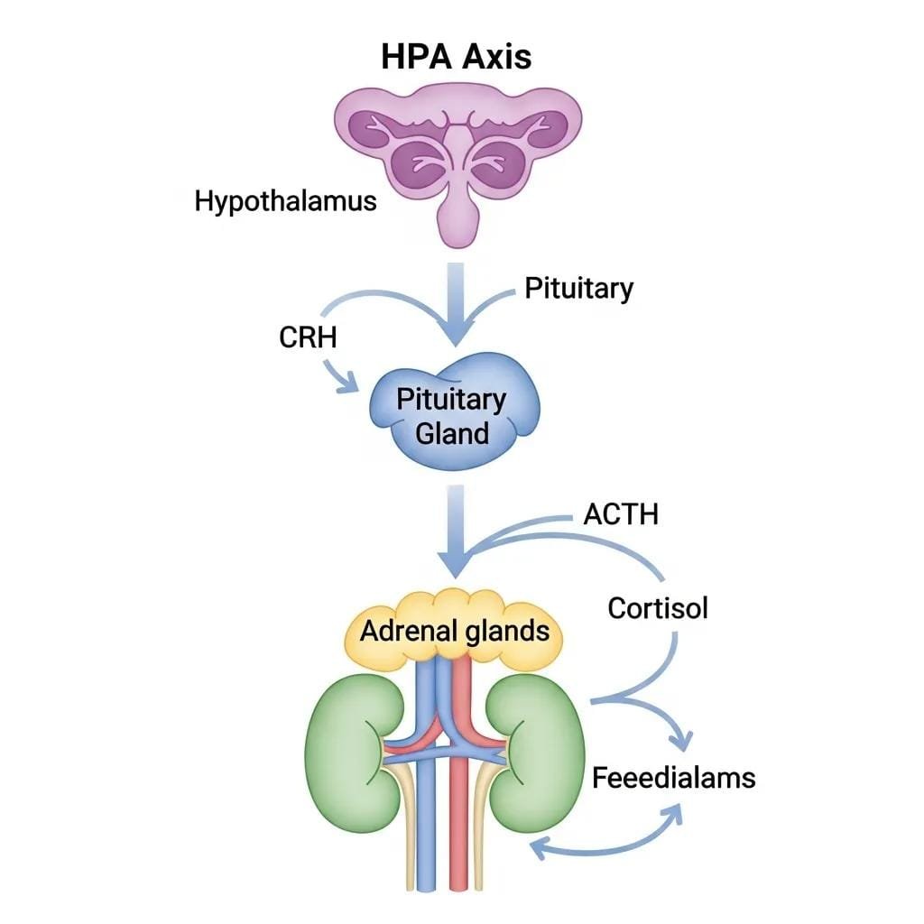 Diagram of the HPA axis illustrating the hypothalamus, pituitary gland, ACTH, and adrenal glands in cortisol regulation and stress response.