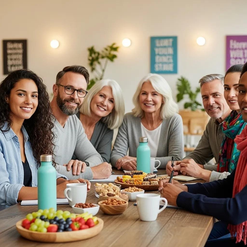 Diverse group of adults discussing hormone balance and wellness, enjoying healthy snacks and beverages in a relaxed setting.