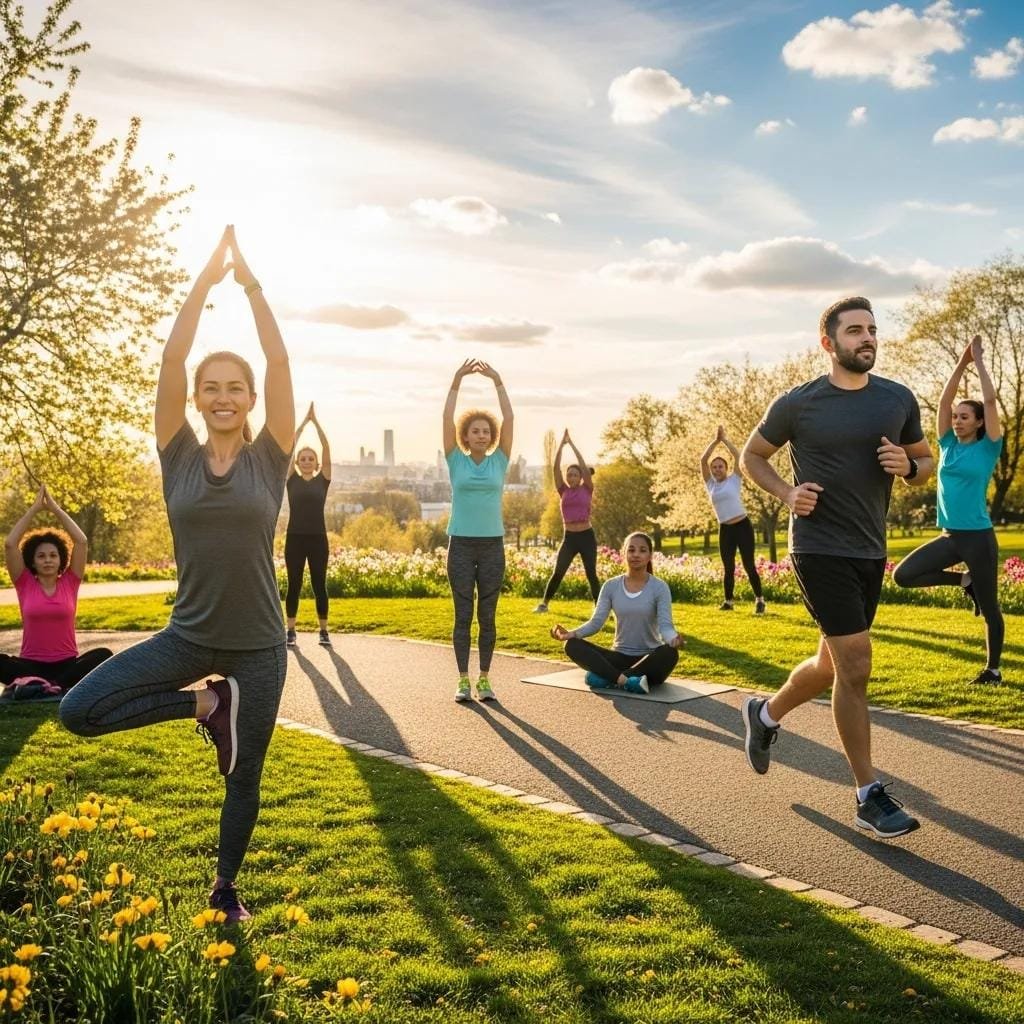 Diverse group of people exercising outdoors, practicing yoga and jogging, illustrating the immune-boosting benefits of Vitamin D in a vibrant park setting.