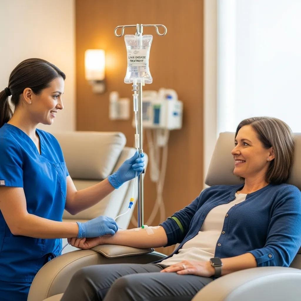 Healthcare professional administering IV therapy for Lyme disease treatment to a smiling patient in a clinical setting.