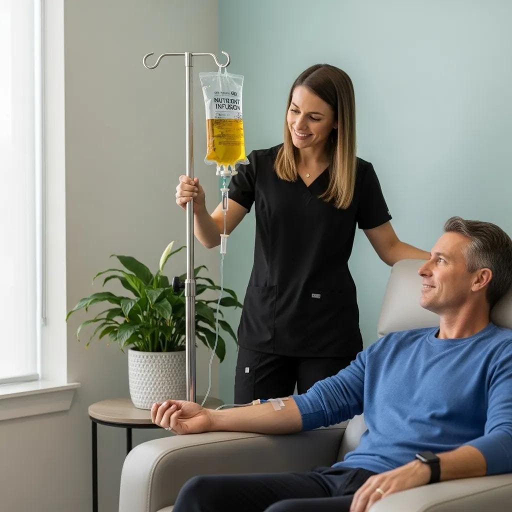 Healthcare professional administering IV nutrient infusion to patient, highlighting supportive nature of IV therapy for wellness and energy.