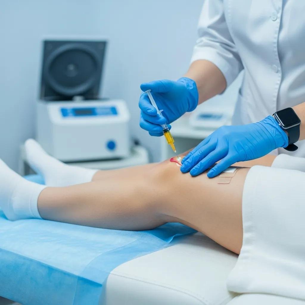 Healthcare professional administering regenerative therapy injection into a patient's knee in a clinical setting, emphasizing personalized treatment for musculoskeletal conditions.
