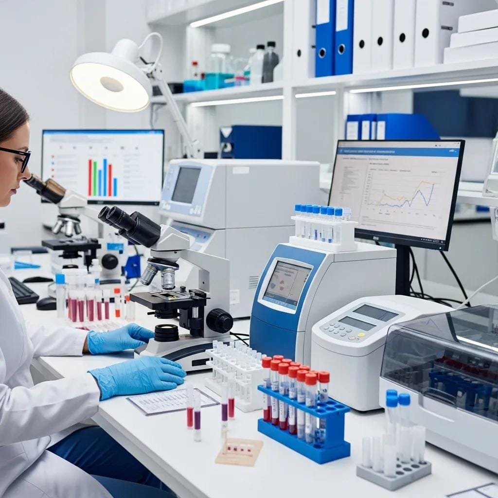 Healthcare professional analyzing diagnostic tools in a laboratory, featuring microscopes and blood test samples, emphasizing advanced diagnostics for Lyme disease treatment.