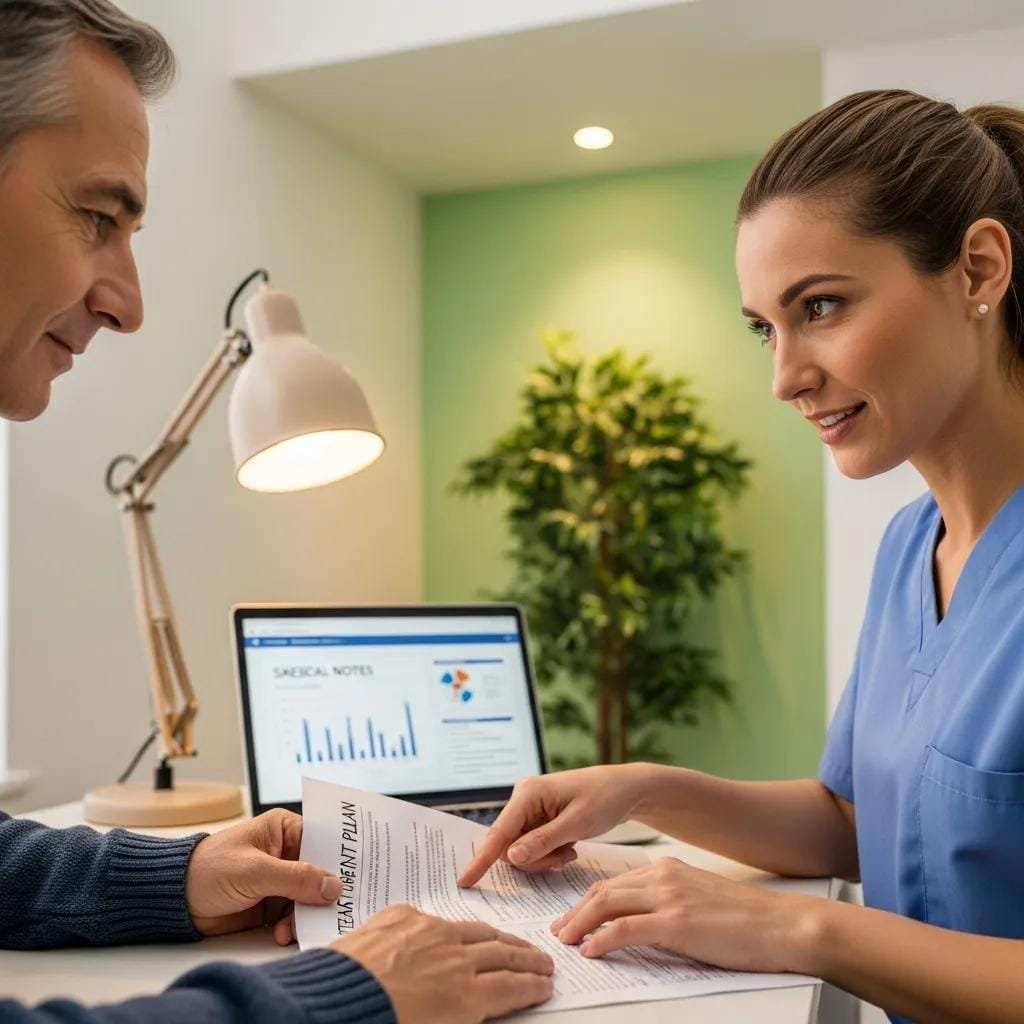 Healthcare professional discussing personalized treatment plan with patient in consultation room, featuring laptop with graphs and notes, emphasizing holistic and integrative care approach.