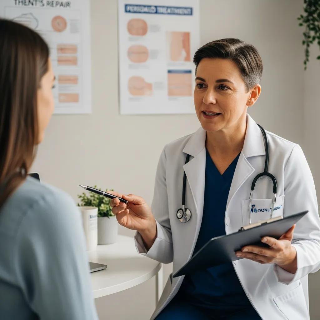 Healthcare professional discussing personalized treatment plans for scar repair with a patient, highlighting regenerative medicine techniques in a clinical setting.