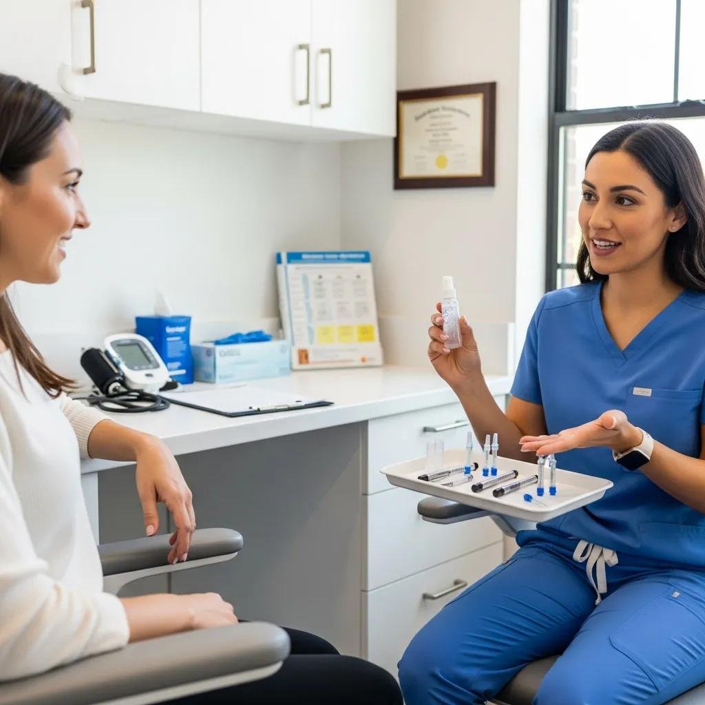 Healthcare provider explaining hormone delivery methods to a patient in a modern clinic, showcasing various injection tools and a hormone spray.