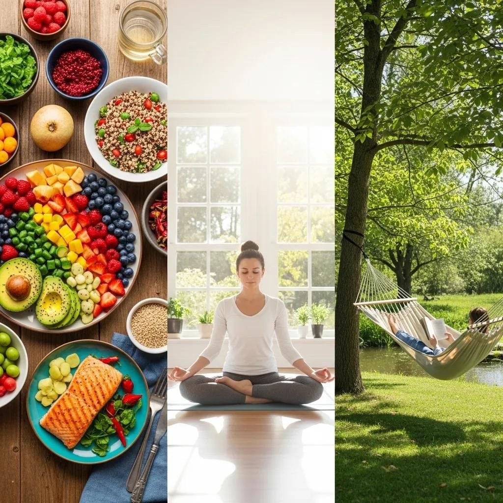 Healthy foods including fruits, vegetables, and salmon; woman meditating indoors; person relaxing in hammock outdoors, representing lifestyle changes for natural stress reduction and cortisol management.