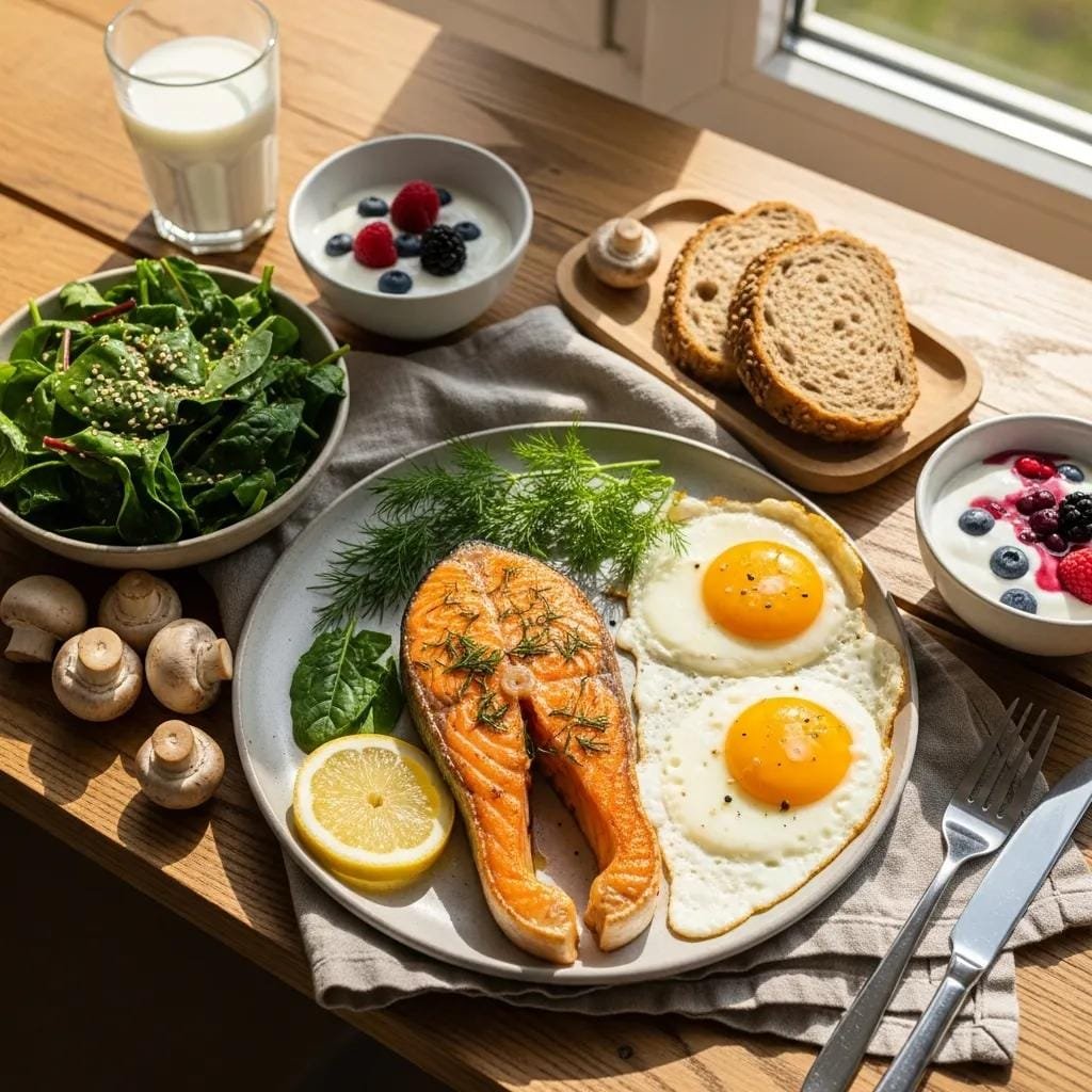 Healthy meal featuring vitamin D-rich foods: grilled salmon, sunny-side-up eggs, fresh spinach salad, yogurt with berries, and whole grain bread, emphasizing nutrition for bone strength and osteoporosis prevention.
