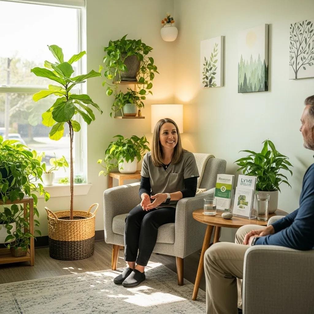 Holistic health consultation room with a healthcare professional discussing Lyme disease treatment with a patient, featuring greenery, educational materials, and a warm, inviting atmosphere.