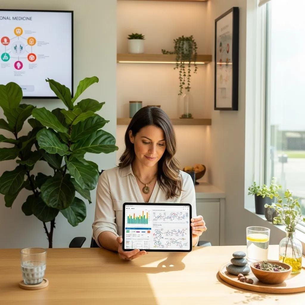 Holistic health practitioner analyzing patient data on tablet in modern clinic, emphasizing integrative care and personalized treatment protocols.