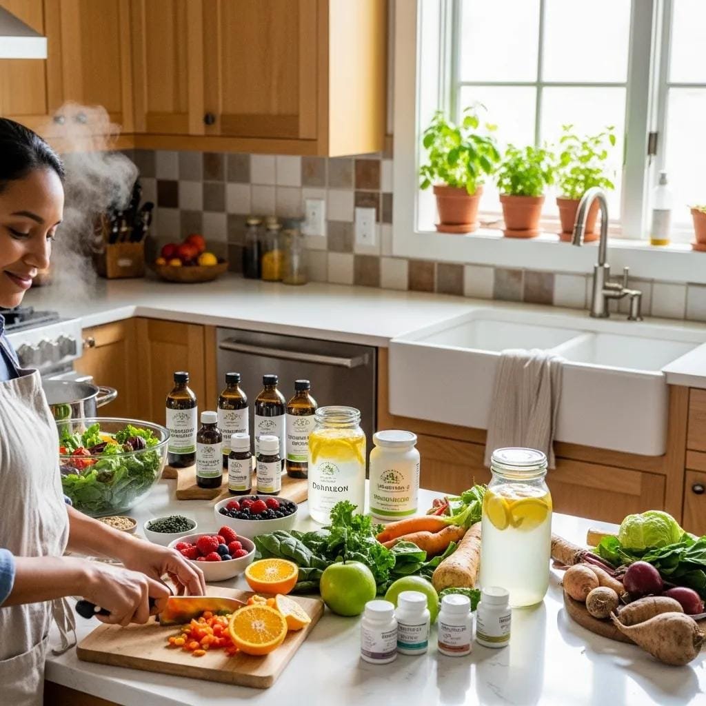 Kitchen scene with organic foods and detox support products highlighting practical detox strategies