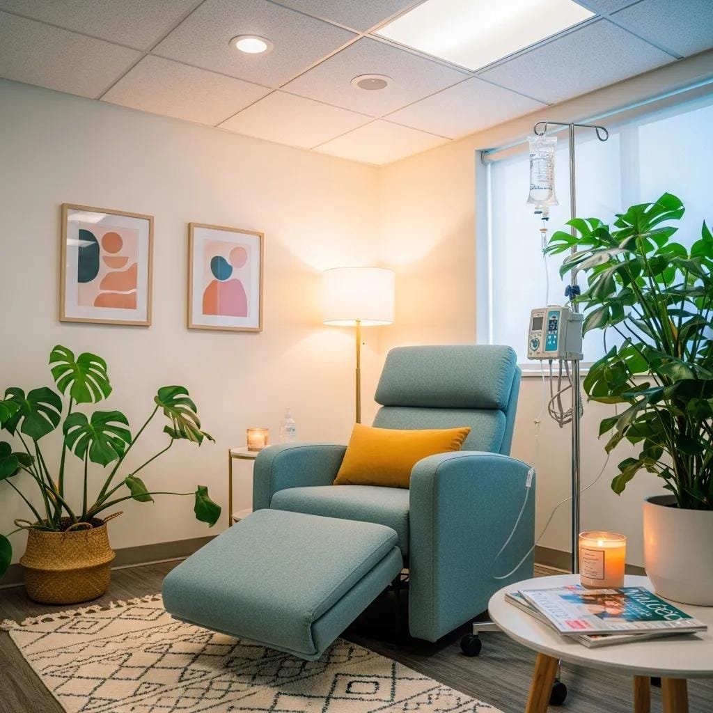 Modern IV nutrient therapy clinic in Bethesda, showcasing a comfortable treatment room with IV setup and calming decor