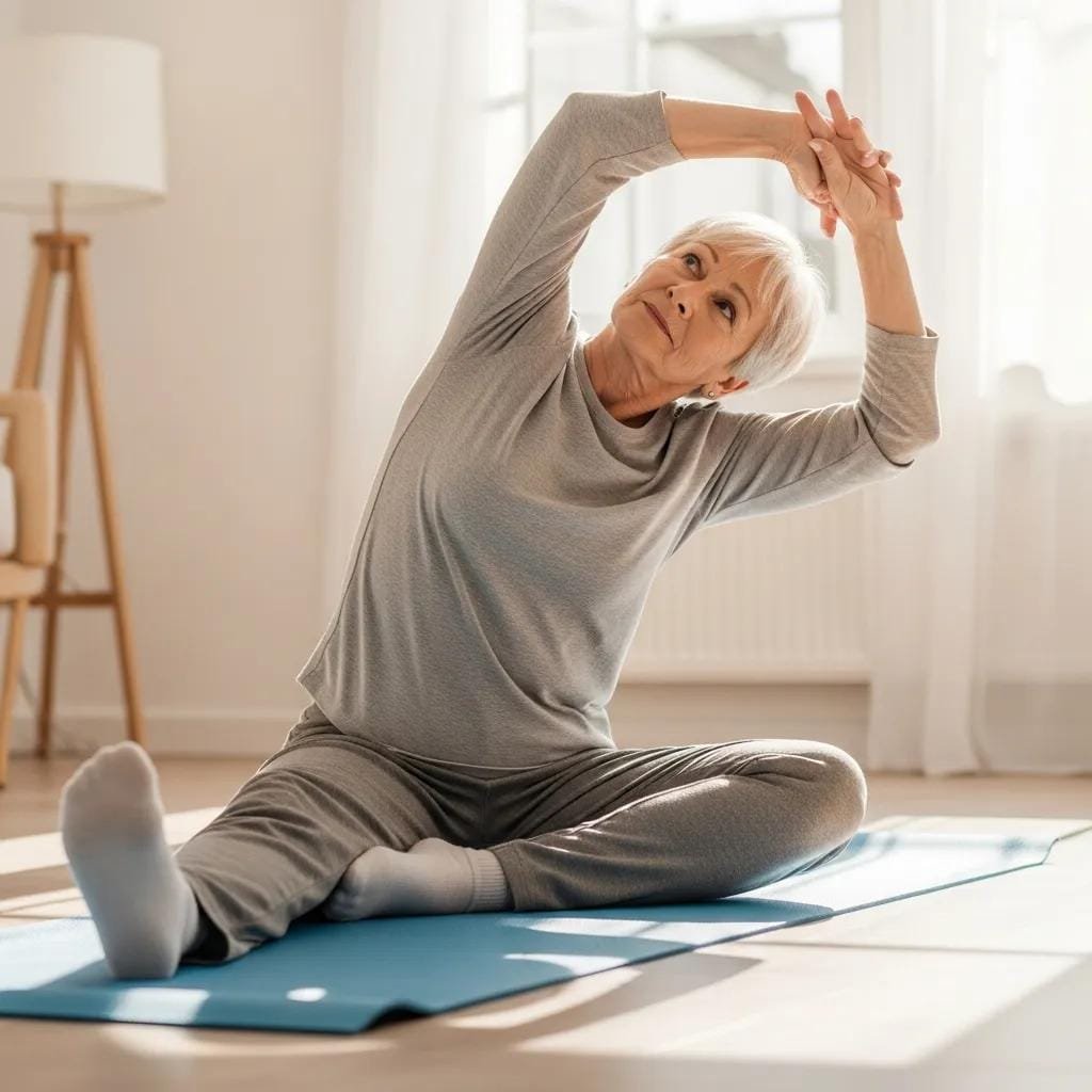 Older adult performing flexibility exercises on a yoga mat, emphasizing benefits for aging joints and promoting improved mobility and balance.